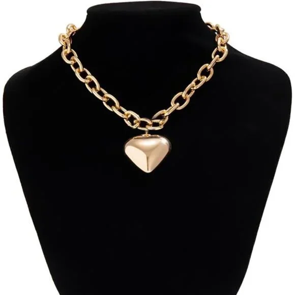Chunky Heart Necklace Statement Necklace with Big Puffy Heart Gold Tone - Picture 3 of 11